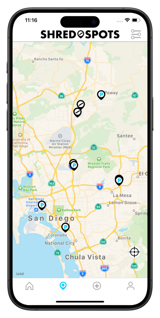ShredSpots skate spots finder app showing the map by Luis Calvillo for Mighty Apps.