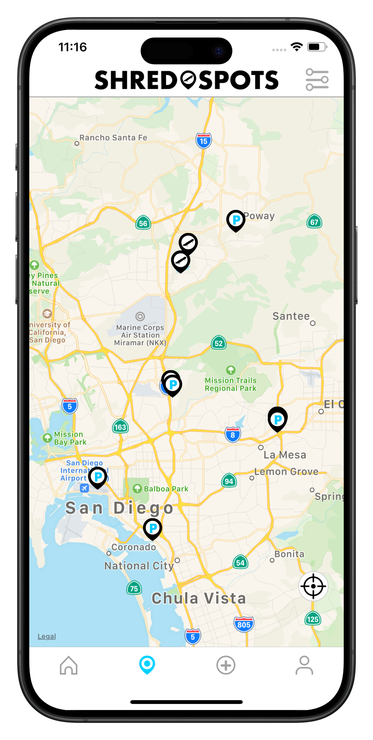 ShredSpots skate spots finder app showing the map by Luis Calvillo for Mighty Apps.